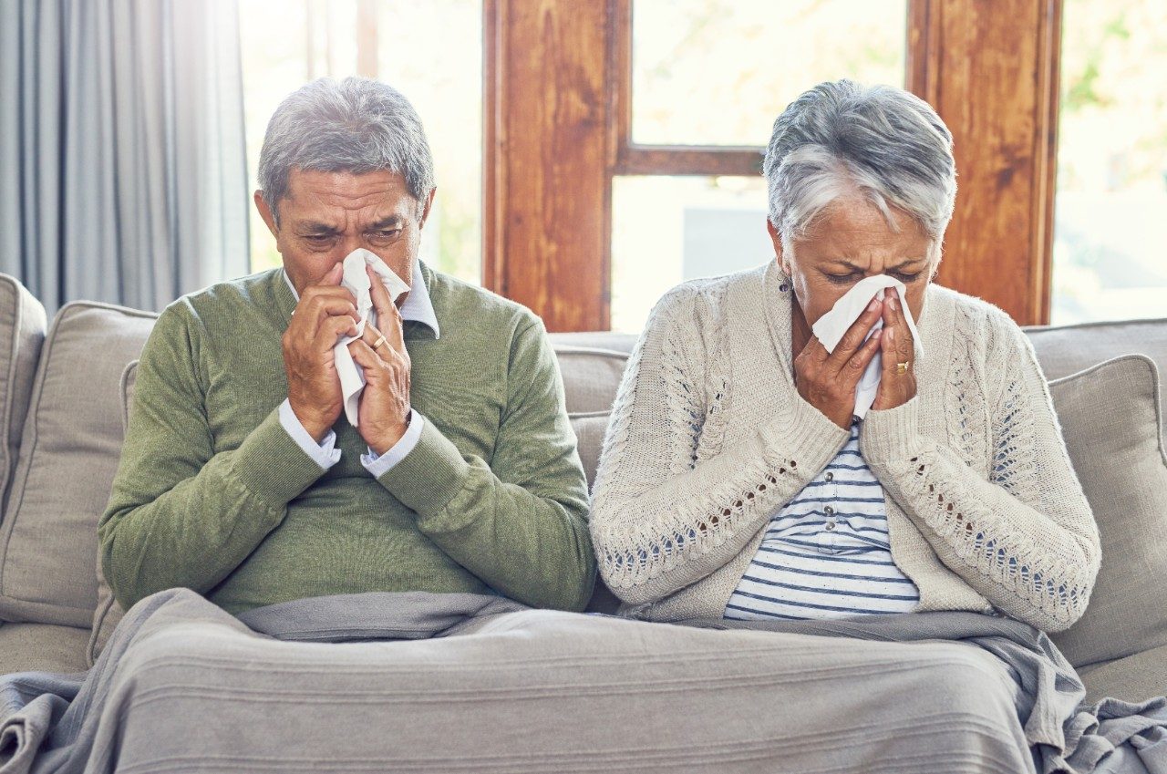 Foto de una pareja de ancianos enfermizos, cada uno sonándose la nariz con un pañuelo de papel mientras están sentados en un sofá en casa